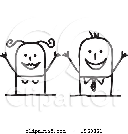 Clipart of a Cheering Excited Stick Couple - Royalty Free Vector Illustration by NL shop
