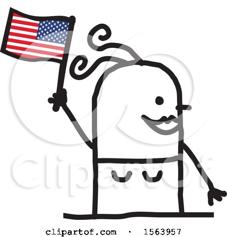 Clipart of a Happy Stick Woman Waving an American Flag - Royalty Free Vector Illustration by NL shop