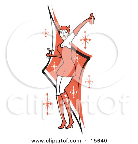 Partying Woman In A Devil Costume, Holding Up A Mixer While Drinking A Martini And Dancing Clipart Illustration by Andy Nortnik