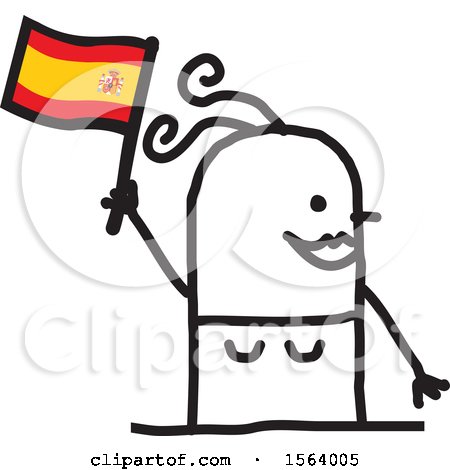 Clipart of a Happy Stick Spanish Woman Holding a Flag - Royalty Free Vector Illustration by NL shop