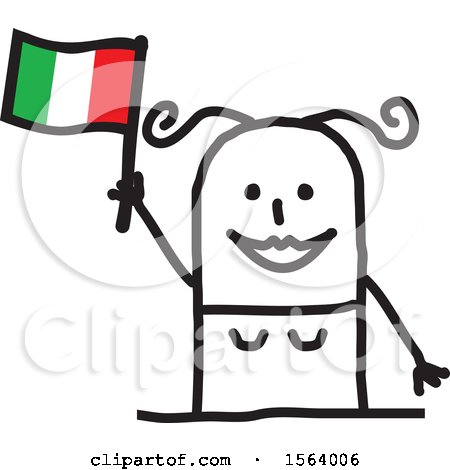 Clipart of a Happy Stick Italian Woman Holding a Flag - Royalty Free Vector Illustration by NL shop