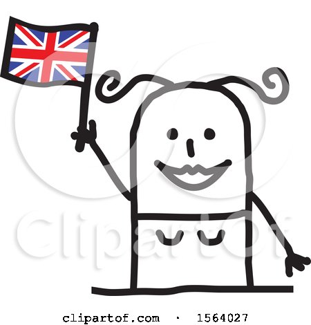 Clipart of a Happy Stick British Woman Holding a Flag - Royalty Free Vector Illustration by NL shop