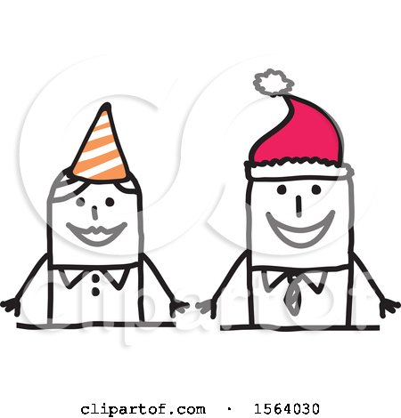 Clipart of a Stick Woman Wearing a Party Hat and Man Wearing a Santa Hat - Royalty Free Vector Illustration by NL shop