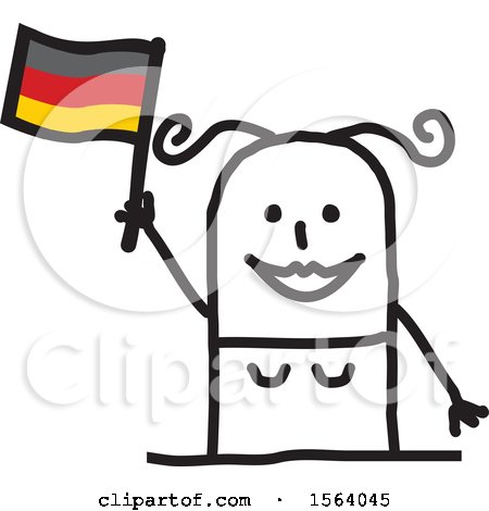 Clipart of a Happy Stick German Woman Holding a Flag - Royalty Free Vector Illustration by NL shop