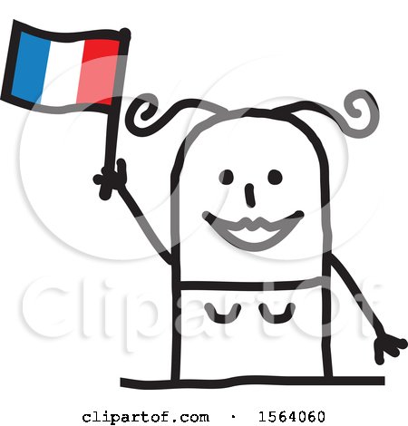 Clipart of a Happy Stick Woman Waving a French Flag - Royalty Free Vector Illustration by NL shop