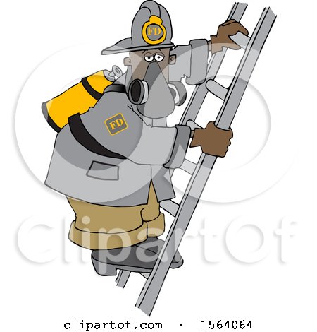 Clipart of a Black Male Fire Fighter on a Ladder - Royalty Free Vector Illustration by djart