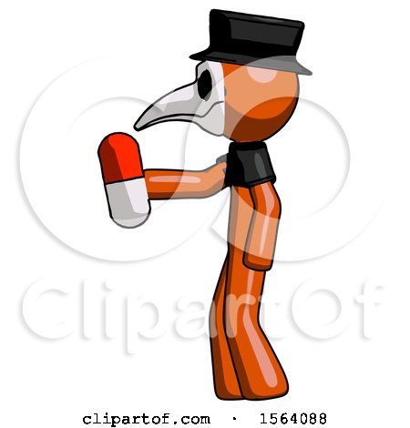 Orange Plague Doctor Man Holding Red Pill Walking to Left by Leo Blanchette