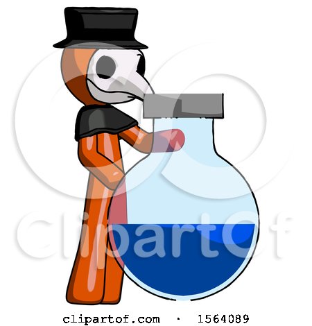 Orange Plague Doctor Man Standing Beside Large Round Flask or Beaker by Leo Blanchette