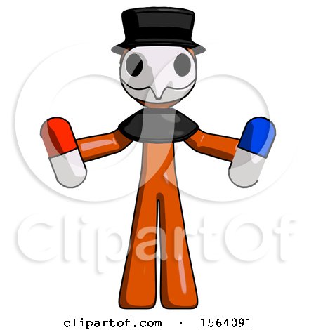 Orange Plague Doctor Man Holding a Red Pill and Blue Pill by Leo Blanchette
