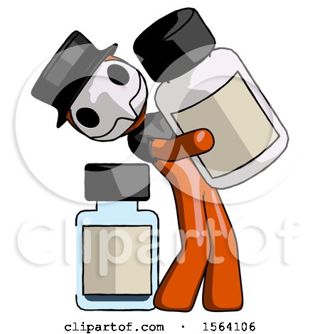 Orange Plague Doctor Man Holding Large White Medicine Bottle with Bottle in Background by Leo Blanchette