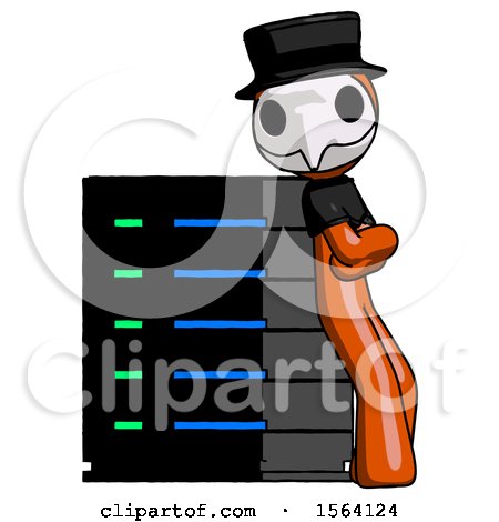 Orange Plague Doctor Man Resting Against Server Rack Viewed at Angle by Leo Blanchette