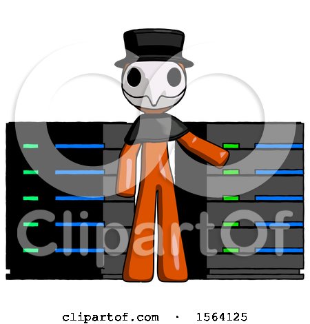 Orange Plague Doctor Man with Server Racks, in Front of Two Networked Systems by Leo Blanchette