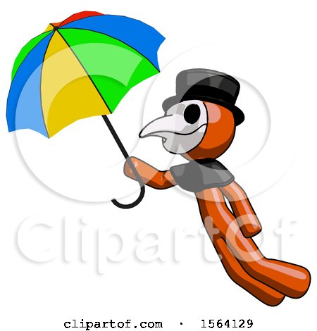 Orange Plague Doctor Man Flying with Rainbow Colored Umbrella by Leo Blanchette