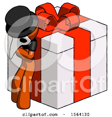 Orange Plague Doctor Man Leaning on Gift with Red Bow Angle View by Leo Blanchette