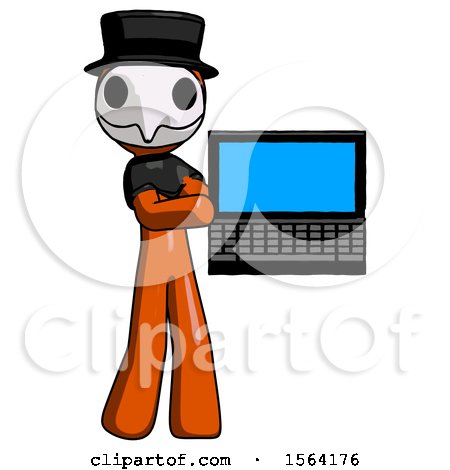 Orange Plague Doctor Man Holding Laptop Computer Presenting Something on Screen by Leo Blanchette