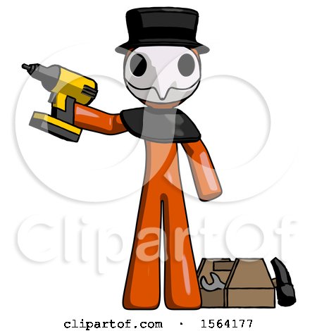 Orange Plague Doctor Man Holding Drill Ready to Work, Toolchest and Tools to Right by Leo Blanchette