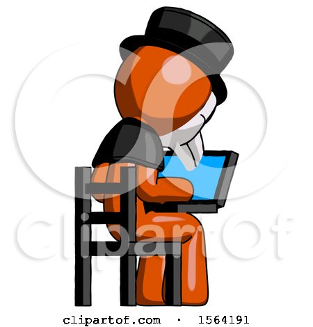 Orange Plague Doctor Man Using Laptop Computer While Sitting in Chair View from Back by Leo Blanchette