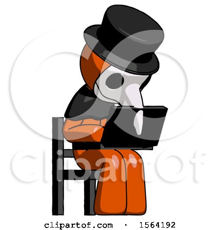 Orange Plague Doctor Man Using Laptop Computer While Sitting in Chair Angled Right by Leo Blanchette