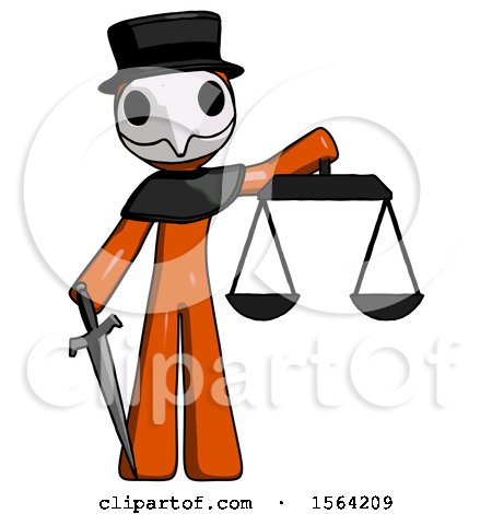 Orange Plague Doctor Man Justice Concept with Scales and Sword, Justicia Derived by Leo Blanchette