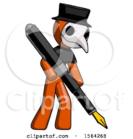 Orange Plague Doctor Man Drawing or Writing with Large Calligraphy Pen by Leo Blanchette