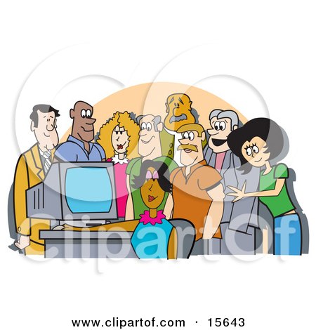 Group Of Office Employees Gathered Around A Computer For A Presentation Or To Watch Something Funny Clipart Illustration by Andy Nortnik