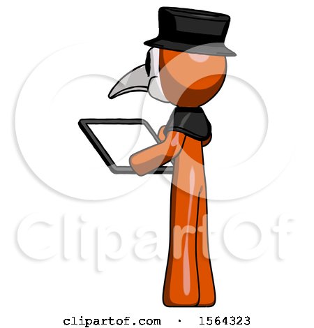Orange Plague Doctor Man Looking at Tablet Device Computer with Back to Viewer by Leo Blanchette