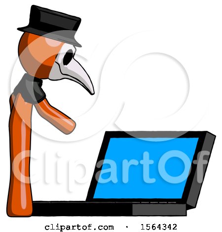Orange Plague Doctor Man Using Large Laptop Computer Side Orthographic View by Leo Blanchette