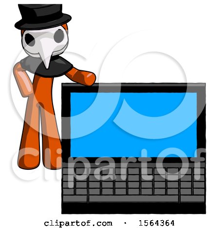 Orange Plague Doctor Man Beside Large Laptop Computer, Leaning Against It by Leo Blanchette
