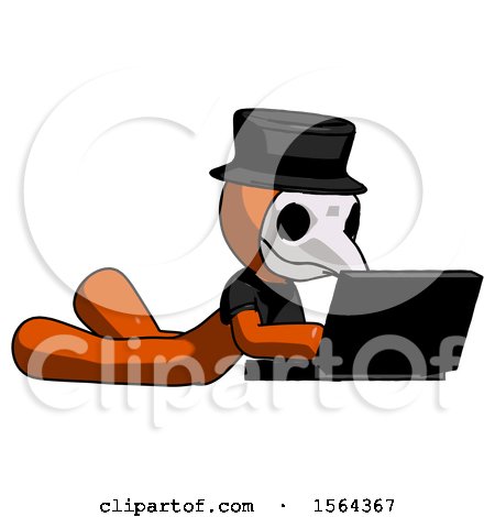 Orange Plague Doctor Man Using Laptop Computer While Lying on Floor Side Angled View by Leo Blanchette