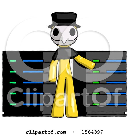 Yellow Plague Doctor Man with Server Racks, in Front of Two Networked Systems by Leo Blanchette