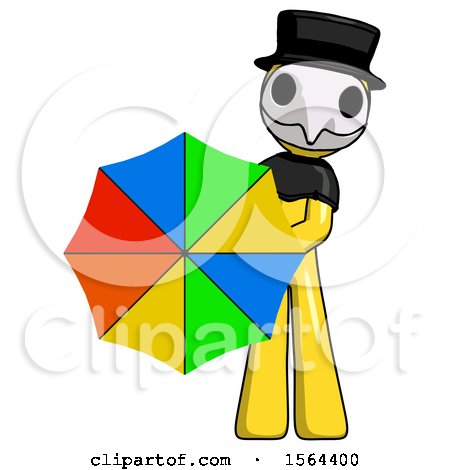 Yellow Plague Doctor Man Holding Rainbow Umbrella out to Viewer by Leo Blanchette