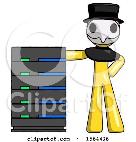 Yellow Plague Doctor Man with Server Rack Leaning Confidently Against It by Leo Blanchette