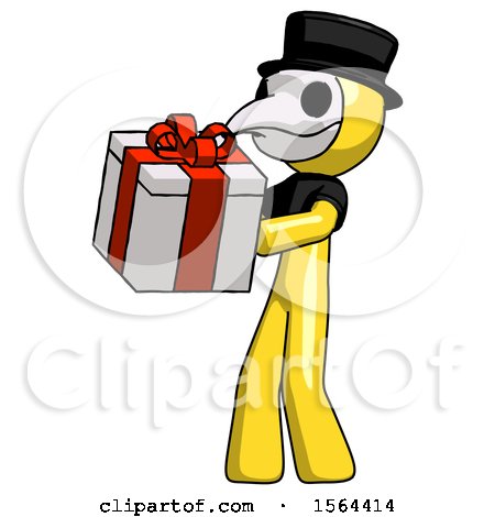 Yellow Plague Doctor Man Presenting a Present with Large Red Bow on It by Leo Blanchette