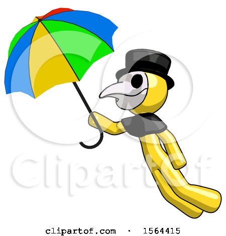 Yellow Plague Doctor Man Flying with Rainbow Colored Umbrella by Leo Blanchette
