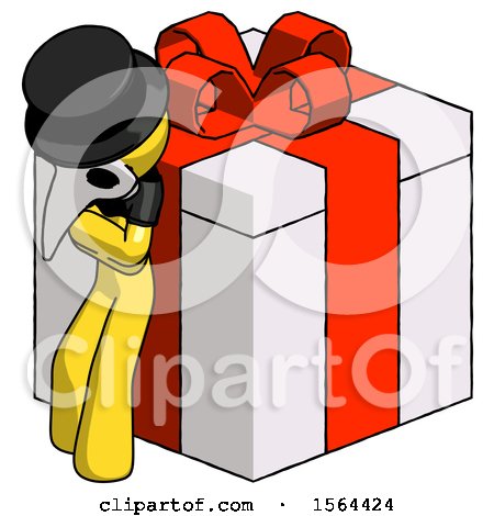 Yellow Plague Doctor Man Leaning on Gift with Red Bow Angle View by Leo Blanchette
