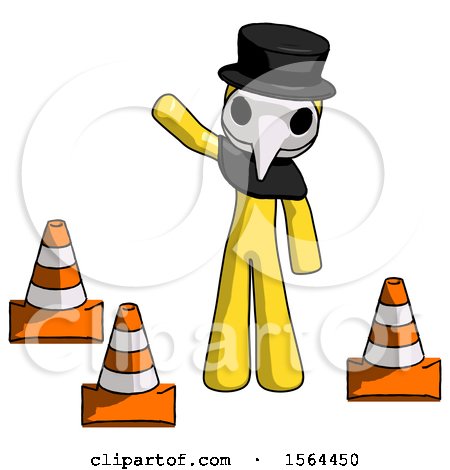 Yellow Plague Doctor Man Standing by Traffic Cones Waving by Leo Blanchette