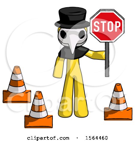 Yellow Plague Doctor Man Holding Stop Sign by Traffic Cones Under Construction Concept by Leo Blanchette