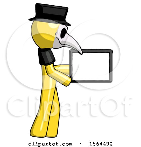 Yellow Plague Doctor Man Show Tablet Device Computer to Viewer, Blank Area by Leo Blanchette