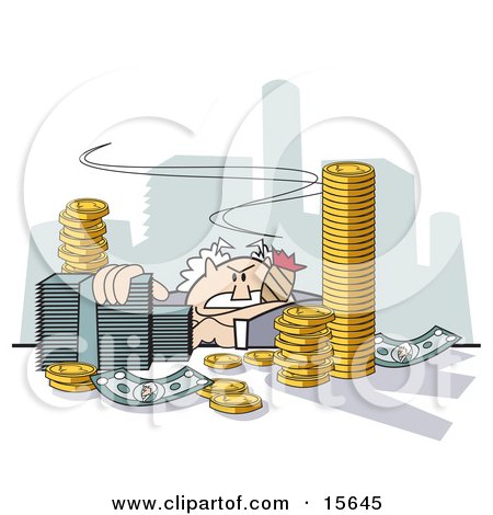 Greedy Male Boss Slumped Down At His Desk And Smoking A Cigar In His City Of Coins And Cash Clipart Illustration by Andy Nortnik