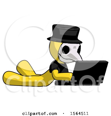 Yellow Plague Doctor Man Using Laptop Computer While Lying on Floor Side Angled View by Leo Blanchette