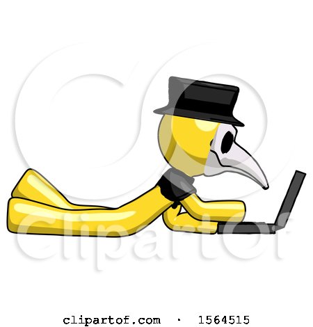 Yellow Plague Doctor Man Using Laptop Computer While Lying on Floor Side View by Leo Blanchette