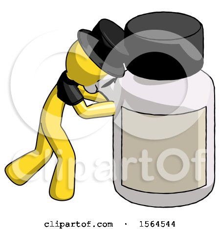 Yellow Plague Doctor Man Pushing Large Medicine Bottle by Leo Blanchette
