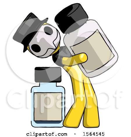 Yellow Plague Doctor Man Holding Large White Medicine Bottle with Bottle in Background by Leo Blanchette