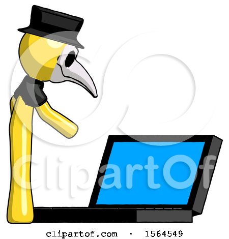 Yellow Plague Doctor Man Using Large Laptop Computer Side Orthographic View by Leo Blanchette