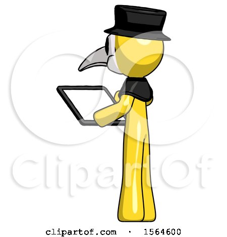 Yellow Plague Doctor Man Looking at Tablet Device Computer with Back to Viewer by Leo Blanchette