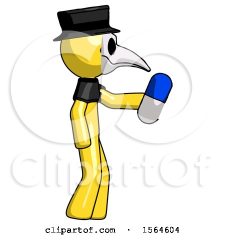 Yellow Plague Doctor Man Holding Blue Pill Walking to Right by Leo Blanchette