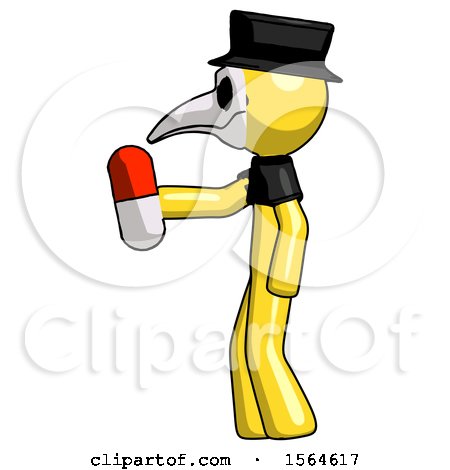 Yellow Plague Doctor Man Holding Red Pill Walking to Left by Leo Blanchette