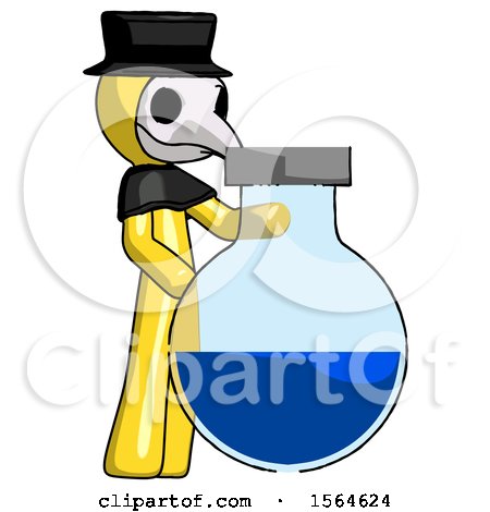 Yellow Plague Doctor Man Standing Beside Large Round Flask or Beaker by Leo Blanchette