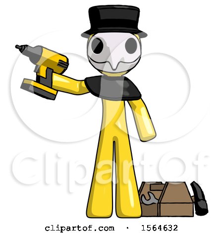 Yellow Plague Doctor Man Holding Drill Ready to Work, Toolchest and Tools to Right by Leo Blanchette