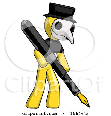 Yellow Plague Doctor Man Drawing or Writing with Large Calligraphy Pen by Leo Blanchette